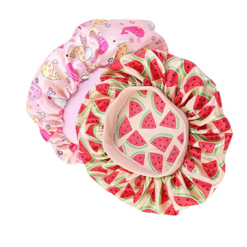 Lurrose Gorros de Dormir para 4 Piezas Satén Estampado Color Rosa y Verde Diseño Ligero y Elástico, Cómodos y Prácticos para Uso Nocturno y Cuidado del Cabello