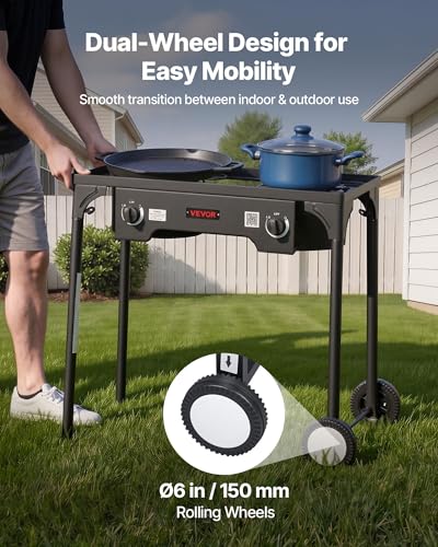 Image of VEVOR 2 Burner Outdoor Propane Gas Stove, 150,000 BTU Propane LPG Gas Camping Stove, Heavy-duty Carbon Steel Outdoor Cooker, with 2 Wheels & 20 PSI Regulator & Hose, for BBQ Camp Home Patio Backyard