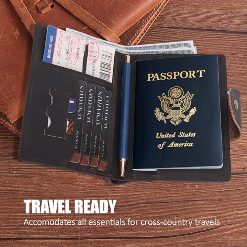 STAR VISTA Carmen Leather Passport Wallet, Dual Bifold Cash Pockets, RFID Blocking, ID Window, 6 Card Slots, Coin Pocket, SIM Slots, AirTag Slots, Dark Brown4
