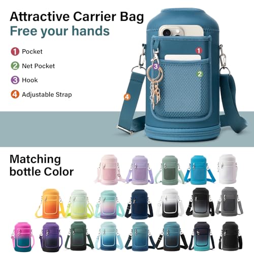 Insulated Water Bottle | Thickened Stainless Steel Vacuum Metal | Portable Sports Half Gallon Large Water Jug for Gym and Hiking with Straw, Carrier Bag, Handle Strap | BPA-Free 64 oz