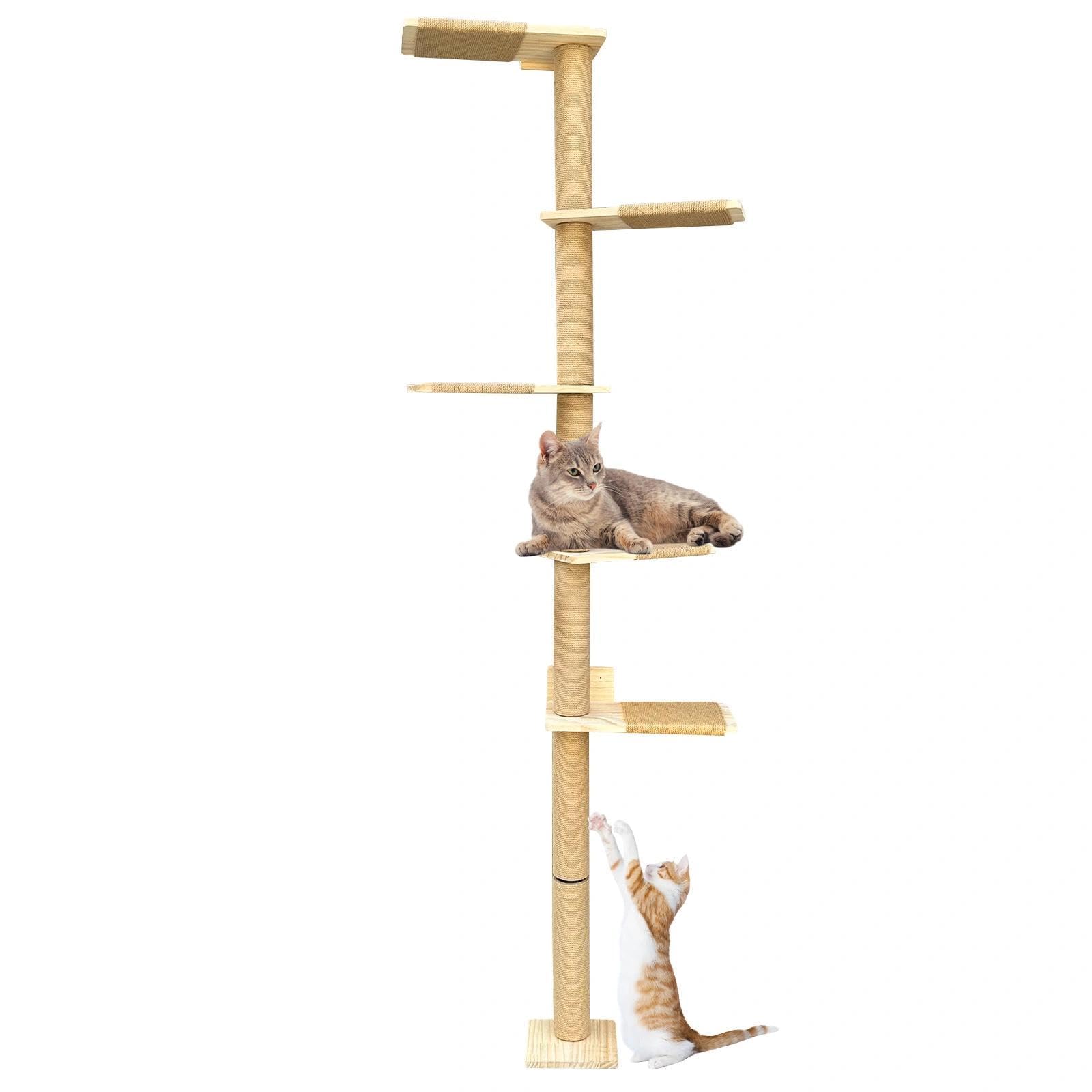 Rascador para Gatos de Poste, Árbol para Gatos, Torre de 5 Niveles hasta el Techo (205 cm), Montado en la Pared, con Corda di Sisal Naturale, para Trepar, Rasguñar y Jugar