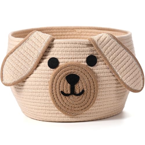 Image of Zopeal Dog Woven Basket Cute Woven Cotton Rope Puppy Animal Storage Basket for Laundry Toy Gift(Khaki,13 x 8 Inch)