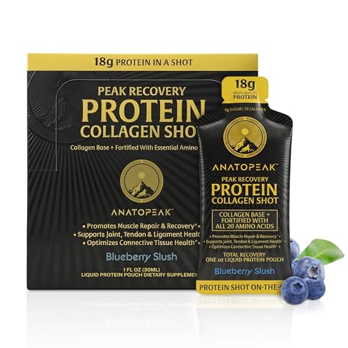 ANATOPEAK Peak Recovery Protein Collagen 1oz Shot Easy Protein Shots Protein Shots Liquid Collagen Collagen Peptides Protein Drinks 24 Ct Pouches Per Box (Natural Blueberry)