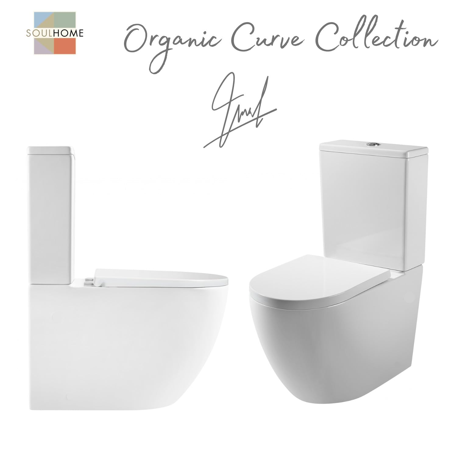 SOULHOME Pack Inodoro Completo Rimless Curvo Blanco Mate | Tapa Amortiguada | Salida Horizontal/Vertical | Doble Descarga Eco | Pulsador Dorado