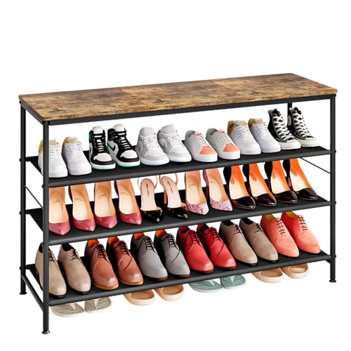 Image of INGIORDAR Shoe Rack Organizer 5 Tier Metal Organizer Shelf with Industrial MDF Board and Layer Fabric for Entryway Closet Bedroom Living Room Garage (Black+Rustic Brown, 4 Tier(47.2 inch W))