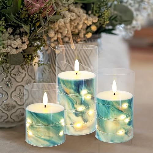 Image of Flickering Flameless Candles Blue Marble Embedded Star String Lights, Battery Operated Acrylic LED Pillar Candles with 11-Key Remote and Timer for Home Decoration, 3 Pack