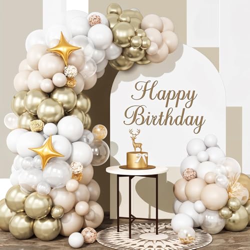 Image of Cream White Gold Balloon Arch Kit, Beige Balloon Garland for Baby Shower | Nude beige, cream white and champagne gold balloons with clear and star foil accents for boho birthday, shower and wedding