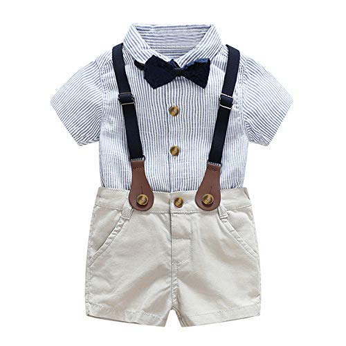 Toddler Kids Newborn Baby Boys Little Gentleman 2Pcs Outfits Clothes,Bowtie Striped Shirt+Suspender Shorts Set (Blue, 18-24 Months)
