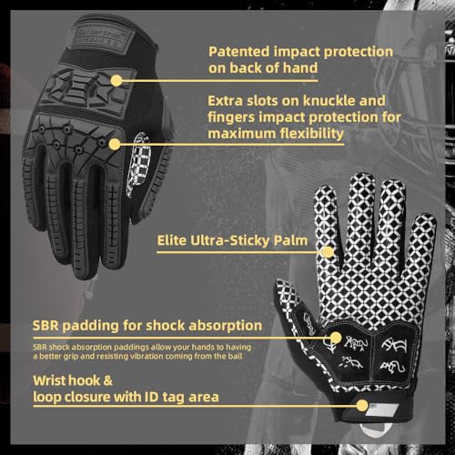 Seibertron Lineman/Linebacker Handschuhe 2.0 Padded Palm American Football Receiver Gloves, Flexibler TPR-Aufprallschutz Back of Hand Handschuhe Erwachsener Sizes Black XXL