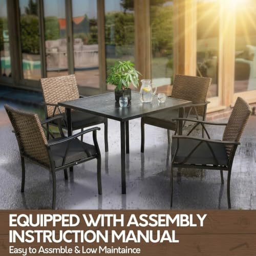 Image of 5-Piece Patio Dining Set for 4, Outdoor Dining Set with 4 Wicker Patio Dining Chairs with Cushions & 1 Black Square Woodgrain Dining Table with 1.75 inch Market Umbrella Hole, Black & Brown