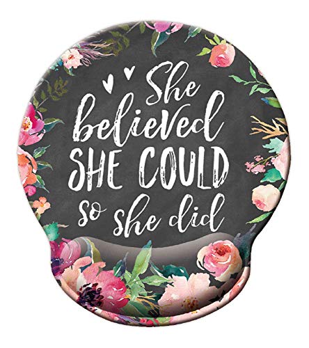 She Believed she Could so she did Mouse pad, Watercolor Floral Mousepad with Wrist Support, Cute Wrist Pad for Computer, Laptop, Home Office Gaming, Working, Easy Typing