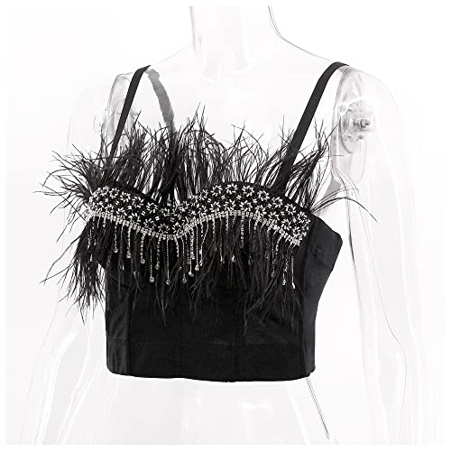 Erinaco Sexy Rhinestone Beaded Faux Fur Trim Bustier V-Neck Mesh Crop Top - Black Diamond Feather, Sleeveless #TOP3