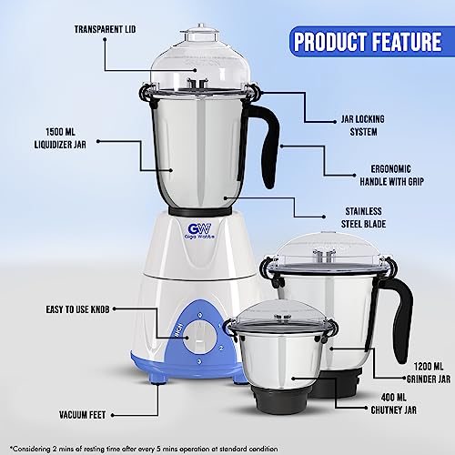 Image of GIGAWATTS 1000W All-in-One Mixer Grinder Blender Heavy Duty Industrial Grade Electric Mixy, Three Stainless Steel Clip Jars with 3 Speed Control 21000 RPM (1 Year Warranty)