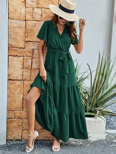 Image of MASCOMODA Women Boho Swiss Dot Maxi Dresses Wrap V Neck Flutter Short Sleeve Solid Tie Waist A Line Tiered Flowy Long Dresses