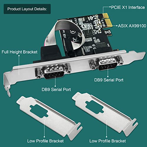Image of PCIE-SE2 2-Port PCI Express RS-232 DB9 Serial Port Card for Windows XP, Vista,7, 8.x, 10, 11 32 /64bit and Linux PCs, PCIE RS232 Card, PCIE Serial DB9 Port Card