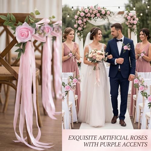 Decoraciones para pasillos de boda con rosas artificiales y adornos florales para sillas nupciales 4