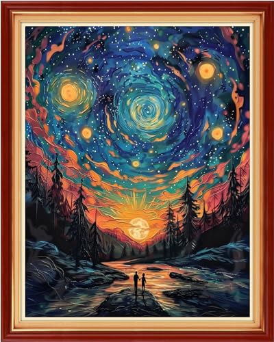 Image of Dimensean Stamped Cross Stitch Kits Full Range of Embroidery Patterns Starter Kits for Beginners Adult DIY Cross Stitches Needlepoint Kits 11CT-Couples Under Van Gogh's Starry Sky 16x20 inch