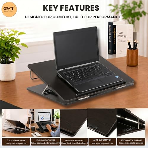 Image of Goodwill Tech Wooden Laptop Desk Table Top with Adjustable Height, Foldable, Writing, Drwaing Desk Stand for Study, Office (Black, 15 x 21 inches)