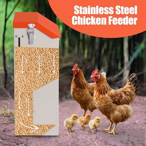 MUDUOBAN 20Lbs Automatic Chicken Feeder No Waste Hanging Mount Poultry Feeder Chicken Coop Food Feed Trough,with Visual Window and Rainproof Lid,Outdoor Use (Red) - Thumbnail 7
