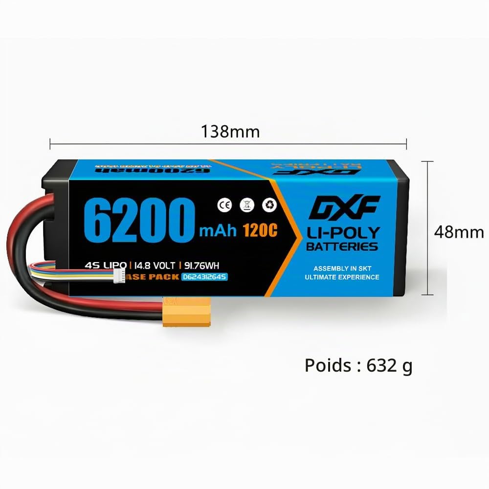 DXF Lot de 2 batteries LiPo 4S 14,8 V 6200 mAh 120C avec prise XT90 pour voiture RC 1:8 1:10 RC voiture buggy camion course hors route moteur sans balais modélisme haute performance crawler bashing