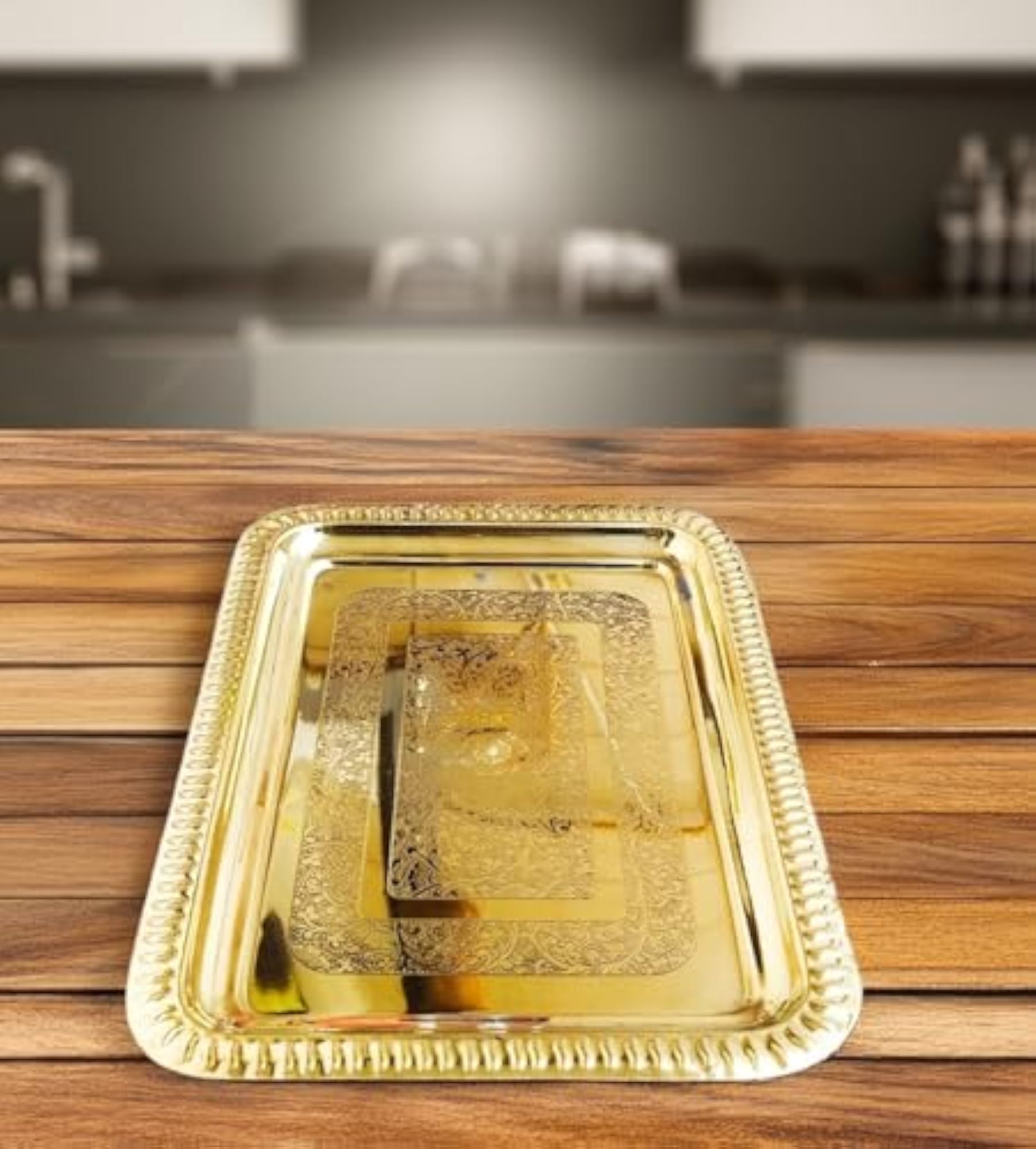 Pure Brass Rectangular Antique Hand Etched Decorative Tray Centerpiece