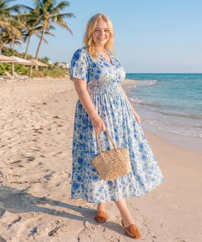 Image of CARCOS Plus Size Dresses for Curvy Women V Neck Summer Maxi Dress Short Sleeve Floral Boho Dress Smocked Waist Beach Dress