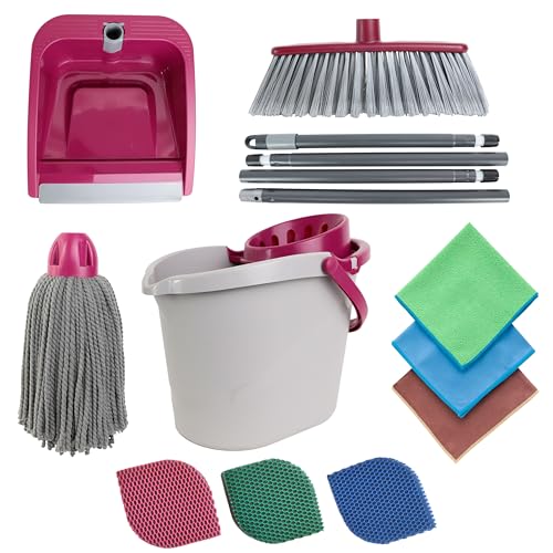 MAYA Set de Limpieza Completo Atomic. Limpieza Eficiente en Tu Hogar. Escoba Multiusos, Fregona, Recogedor Plegable, Cubo de 14L. Incluye Estropajos EVO Vajillas y Baños + 3 Bayetas Pack Hogar