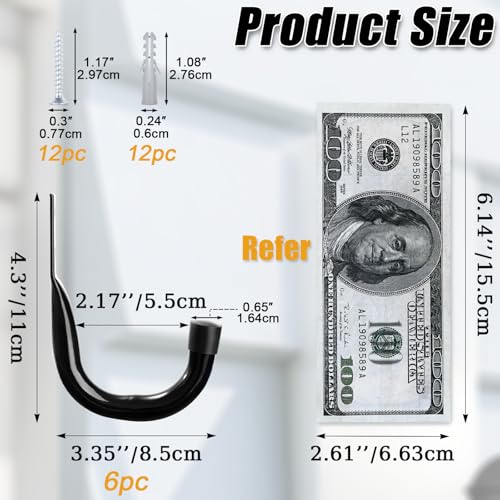 Image of KURUI Metal Wall Hooks for Hanging Heavy Duty, 6Pcs Garage Organization and Storage Hook for Extension Cord Tool Coat Backpack Bag, Large Utility J Hooks, Black Wall Mount Hanges for Outdoor Indoor