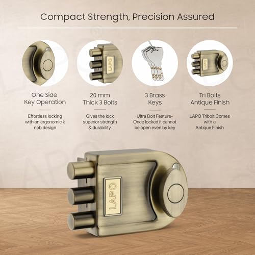 Image of LAPO Antique Brass Tri-Bolt Lock for Main Door, Deadbolt Security Lock for Wooden Doors, Fixed Cylinder Design with 4 Brass Keys, Suitable for Inside & Outside Opening, Stylish Heavy-Duty Door Lock