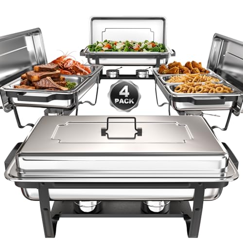 sifer Chafing Dishes for Buffet 9Qt 4 Pack [Multi-Size Food Pans] | Chafing Dishes with 80% Faster [Screwless Installation] and Stacking Design [Easy Storage] for Fathers Day Party/Wedding, Black