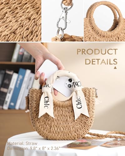 Straw Bag - Cute Straw Purse, Woven Bags for Women Vacation, Handbag or Crossbody Portable Straps Purse with Ribbon3