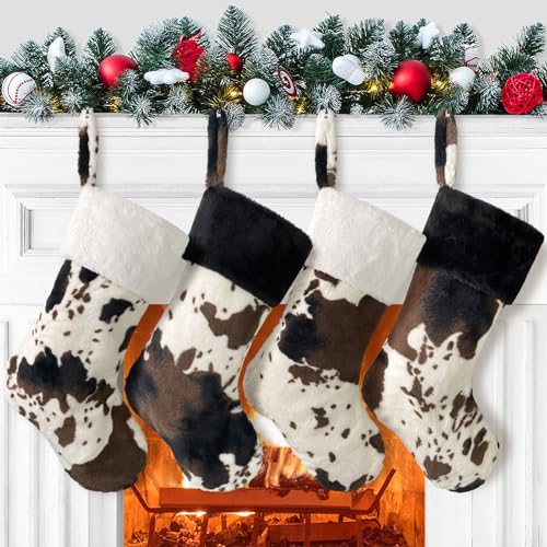 2-Pack-Plush-Christmas-Stockings-Cow-Print-with-Black-Cuff-Large-20-Faux-Fur-Farmhouse-Christmas-Hanging-Stockings-for-Xmas-Holiday-Fireplace-Decorations 2 Pack Plush Christmas Stockings Cow Print with Black Cuff Large 20 Faux Fur Farmhouse Christmas Hanging Stockings for Xmas Holiday Fireplace Decorations