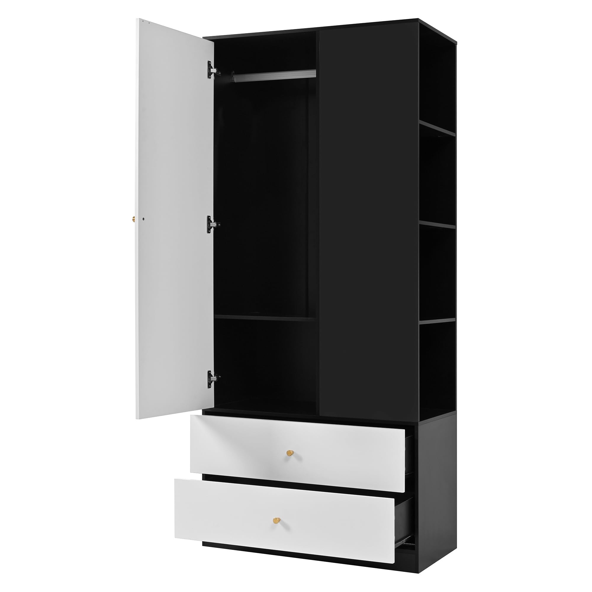 Armario con espejo y una puerta. Perchero moderno con 2 cajones y 4 estantes, ideal para almacenamiento versátil en el dormitorio. Blanco+Negro, Dimensiones: 80 x 40 x 180 cm