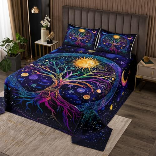 Tree of Life Quilt Bedding Set Queen,Sun and Moon Coverlet Bedspread,Boys Girls Glitter Galaxy Sky Bedding Bed Cover for All Season,Bohemian Art Aesthetic Bedspread Set (1 Quilt+ 2 Shams)