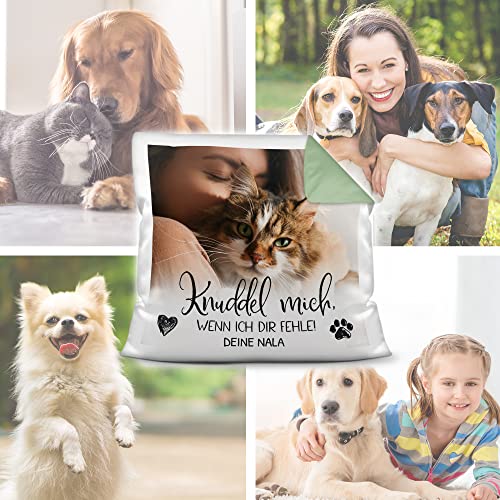 PfotenSchild Personalisiertes Foto-Kissen mit Füllung - Knuddel Mich, wenn ich dir fehle - mit Namen selbst gestalten - für Hunde, Katzen und andere Haustiere | Rückseite Seegrün