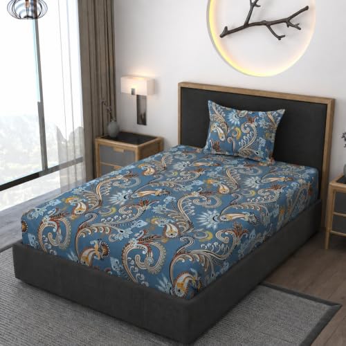 Image of Vaini Premium Heavy Cotton Elastic Fitted Bedsheets with 1 King Size Pillow Covers || Single Bed with All Around Elastic 350 TC || 36 x 78 x 6 Inch Single Size Fitted || :- Blue Jaipuri
