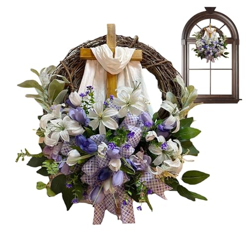 Coronas de primavera para puerta delantera, guirnalda rústica artificial, corona religiosa de Pascua, para el hogar, iglesia, porche, ventana, pared, vacaciones, boda, , festivales