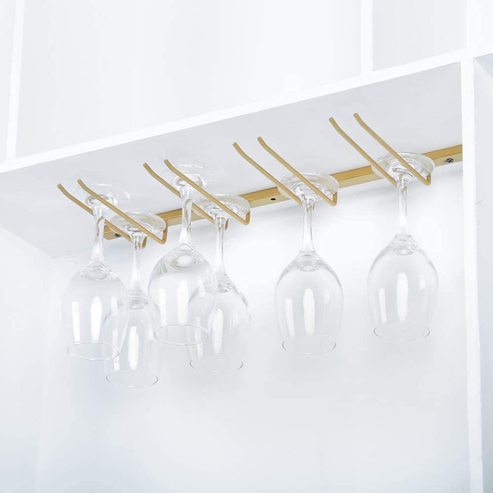 INDIAN DECOR. 38035 Under Cabinet Wine Glass Rack,Stemware Rack Holds up to 8 Wine Glass,Hanging Wine Glass Holder,Metal Wine Glass Hanger,Glasses Organizer for Home Bar Kitchen (Golden)