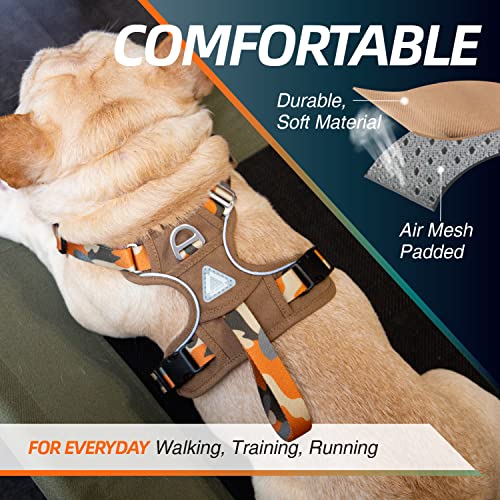 JC HOUSE Dog Harness, No Pull 3M Reflective Lightweight Vest Air Soft Mesh for Large Medium Small Dogs Adjustable Tactical Harness with Easy Control Handle for Walking Training Running, Camo Orange L