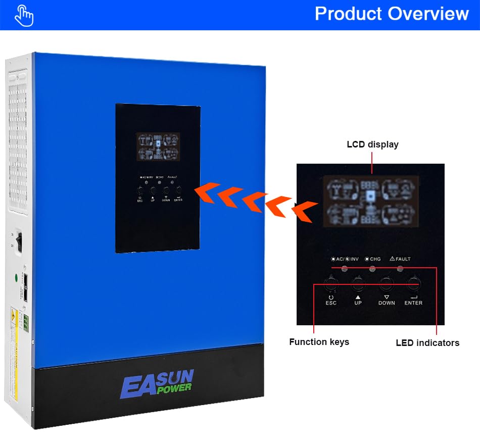 6200W Hybrid Wechselrichter, All-in-One Solar Wechselrichter mit PV 60-500VDC Off Grid reinem Sinus, 48 V DC auf 230 V AC, solar Inverter mit 120A MPPT, für Blei- und Lithium-Batterien