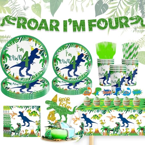 Dinosaur 4th Decorations Boy for Boy Roar Im Four Birthday Party Tableware Set include Straws Glitter Banner Plates Napkins Cups Tablecloth for 4 Year Old Dino Birthday Supplies, Serves 25
