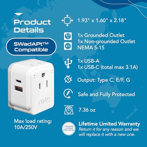 Image of Ceptics 20W European Travel Plug Adapter, 2 USA Outlets, USB-C & USB-A | European Plug Adapter, Type C, E /F, G SWadAPt Attachments, PD & QC USB ports, European Adapter for Germany, France, Italy, UK