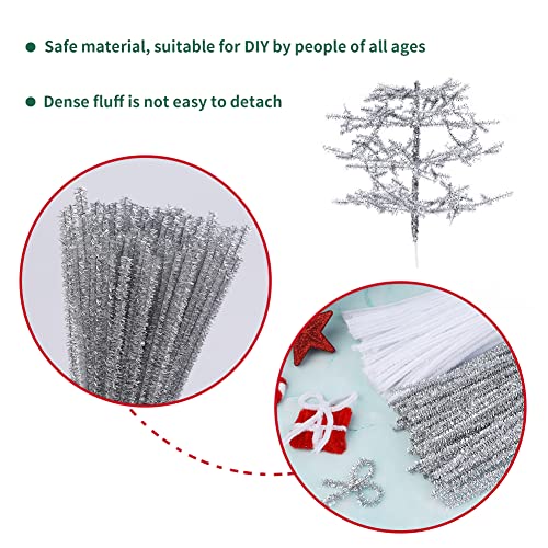 Image of 200PCS Pipe Cleaners, White + Glitter Silver Pipe Cleaners Craft | Pipe Cleaners Chenille Stem Set, 100PCS White +100PCS Silver Fuzzy Sticks Pipe Cleaners Bulk for Arts and Crafts