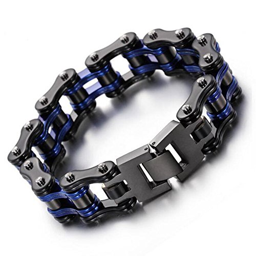 Cadena de moto pulsera negra y azul de 16mm para lucir en rutas urbanas y quedadas moteras