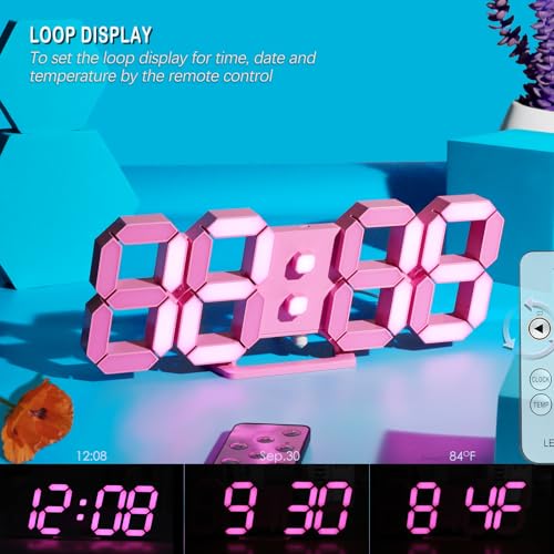Image of KOSUMOSU 9.7 Inch 3D Pink LED Wall Clock, Table Clock for Living Room, Modern Digital Clock for Bedroom, Aesthetic Desk with Remote Control /Dimming /12 /24 Hours