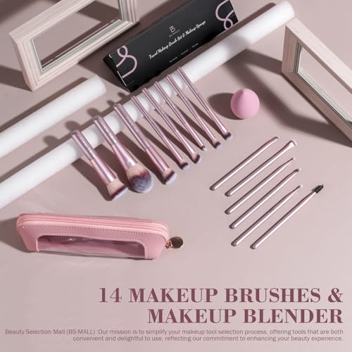 Image of BS-MALL 14 Pcs Makeup Brushes Set with 1 Pcs Makeup Sponge - Essential Foundation Powder Concealers, Eye Shadows, Blush Makeup Brushes with Travel Makeup Case (Matte Gold Pink)