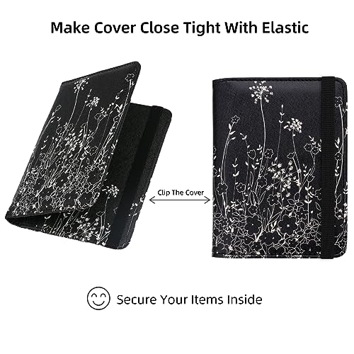 Image of WALNEW Passport Holder for Travel, RFID Passport Cover Wallet for Women Men, PU Leather Passport Book Card Holder Case with Pen (Elastic Band Closure, D-Black Flowers)