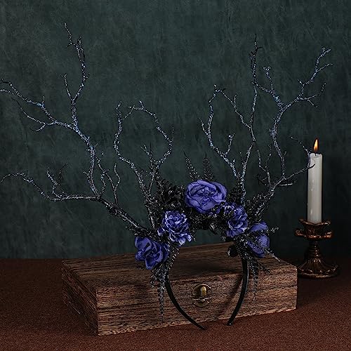 MOSTORY Geweih-Haarreif mit Zweigen für Damen, Waldgeweih-Haarreif mit blauer Blume für Renaissance-Cosplay-Kostüm
