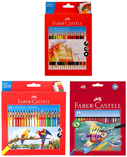 Image of Faber-Castell 48 Triangular Colour Pencils & Bi-Colour Pencil, Pack of 18 & Aquarelle Full Length Water Color Pencils - 48 Shades