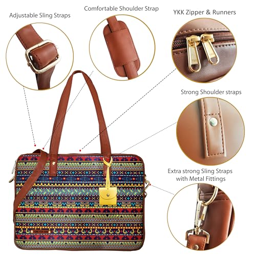 Image of Funk For Hire Women's Multi Color Printed Vegan Leather 15.6 inch Laptop Handbag Sling with Waterproof Nylon Lining Adjustable Strap Cushioned Compartment Organizer Lightweight